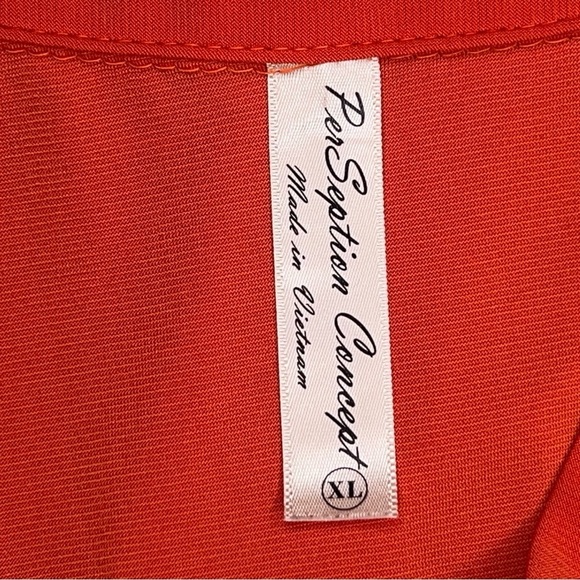 XL CORAL ORANGE STRETCH BLOUSE TOP GOLD ACCENT HALF SLEEVE STRETCH VNECK - Picture 11 of 13